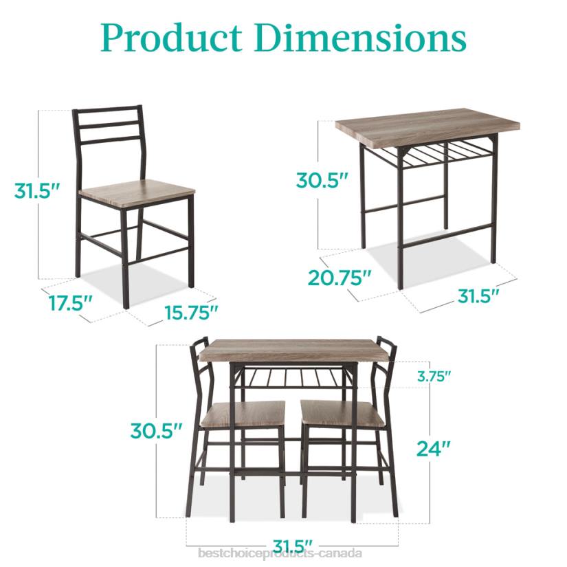 4LT2639 Gray Best Choice Products 3-Piece Modern Square Dining Set w/ Storage Rack