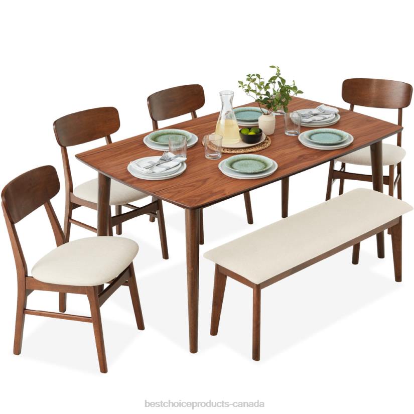 4LT2657 Walnut/Cream Best Choice Products 6-Piece Mid-Century Modern Upholstered Wooden Dining Set w/ 4 Chairs, Bench