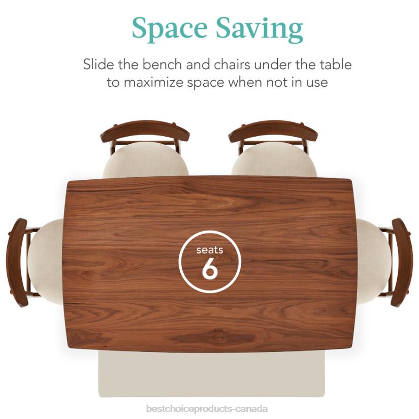 4LT2657 Walnut/Cream Best Choice Products 6-Piece Mid-Century Modern Upholstered Wooden Dining Set w/ 4 Chairs, Bench