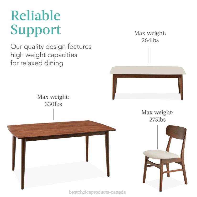 4LT2657 Walnut/Cream Best Choice Products 6-Piece Mid-Century Modern Upholstered Wooden Dining Set w/ 4 Chairs, Bench