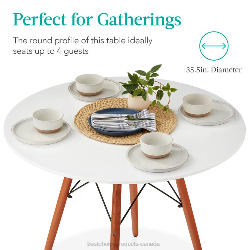 4LT2663 White Best Choice Products Round Mid-Century Modern Dining Table w/ Beech Wood Legs- 35.5in