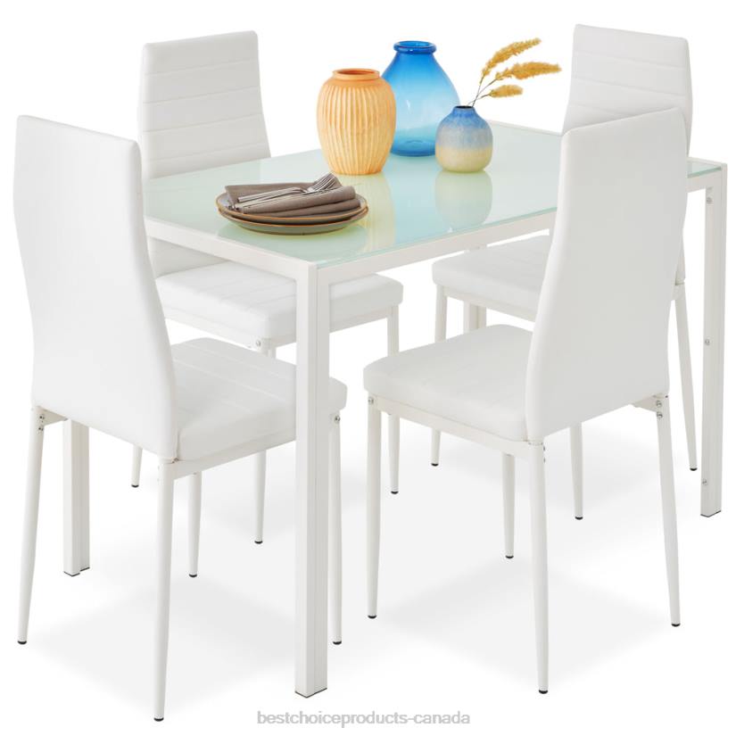 4LT2665 White Best Choice Products 5-Piece Dining Table Set w/ Glass Top, Leather Chairs