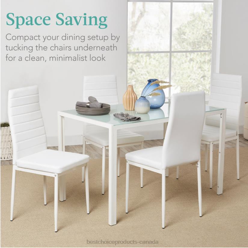 4LT2665 White Best Choice Products 5-Piece Dining Table Set w/ Glass Top, Leather Chairs