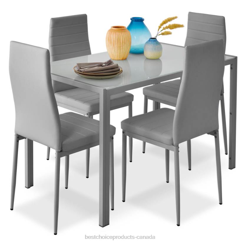 4LT2666 Gray Best Choice Products 5-Piece Dining Table Set w/ Glass Top, Leather Chairs