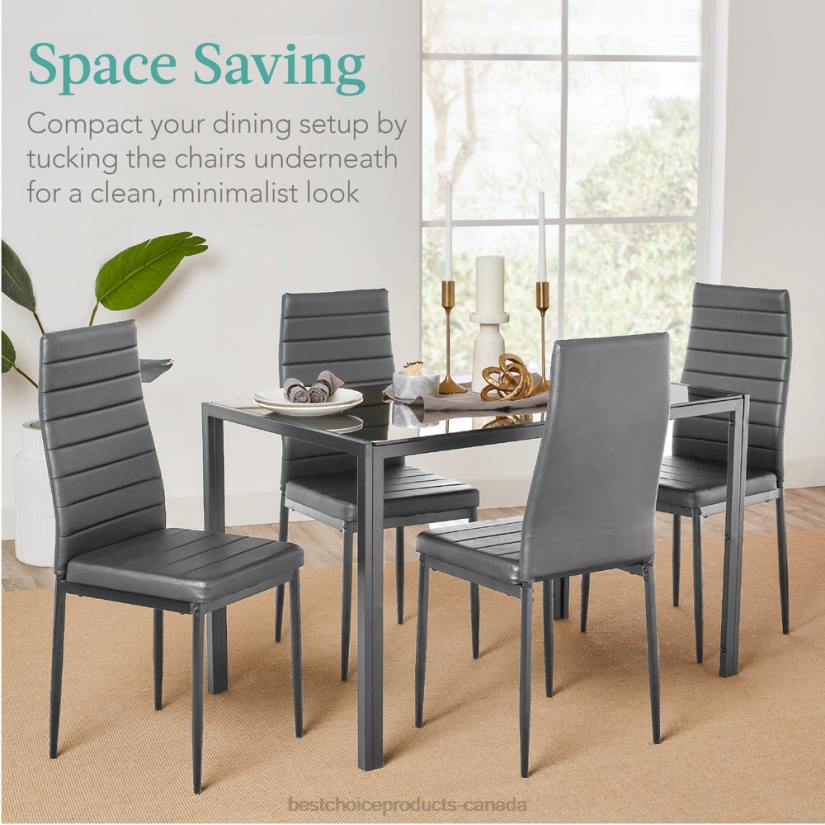 4LT2666 Gray Best Choice Products 5-Piece Dining Table Set w/ Glass Top, Leather Chairs