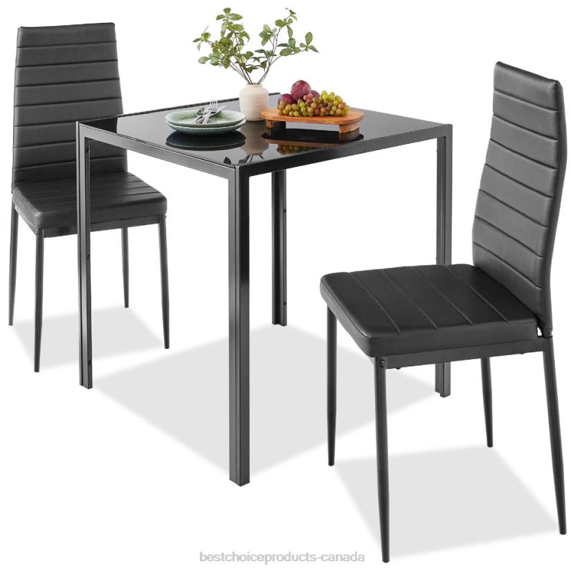 4LT2672 Black Best Choice Products 3-Piece Dining Table Set w/ Glass Top, Leather Chairs