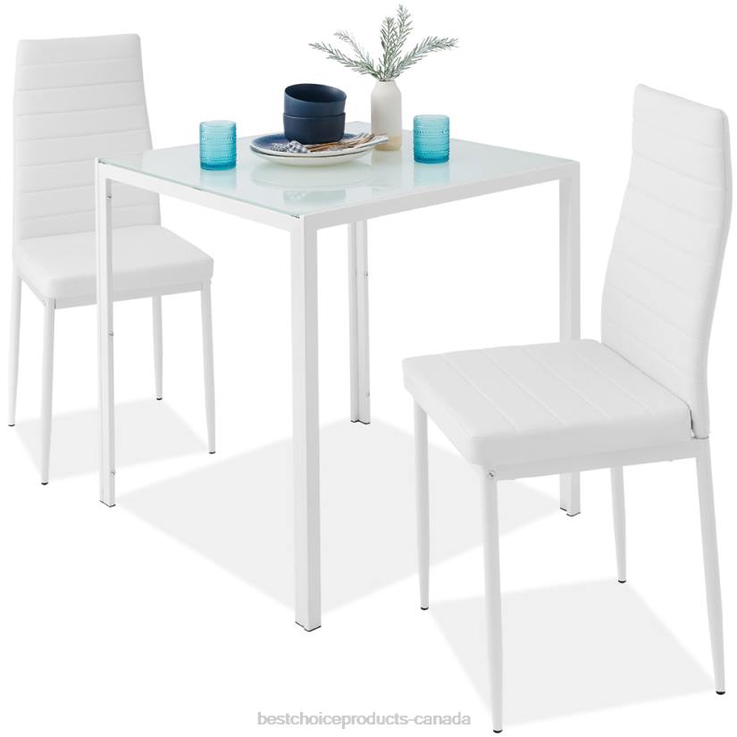 4LT2673 White Best Choice Products 3-Piece Dining Table Set w/ Glass Top, Leather Chairs