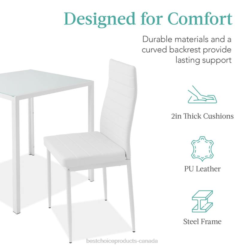 4LT2673 White Best Choice Products 3-Piece Dining Table Set w/ Glass Top, Leather Chairs