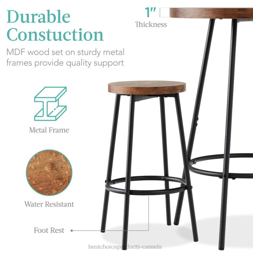 4LT2675 Medium Brown Best Choice Products 3-Piece Bistro Set Modern Round Counter Height Dining Set w/ 2 Stools