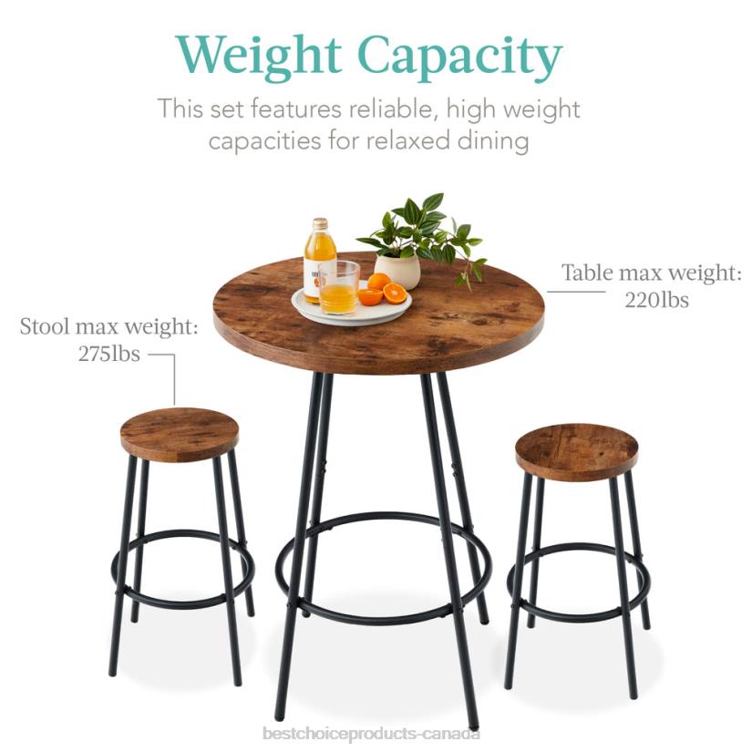 4LT2675 Medium Brown Best Choice Products 3-Piece Bistro Set Modern Round Counter Height Dining Set w/ 2 Stools