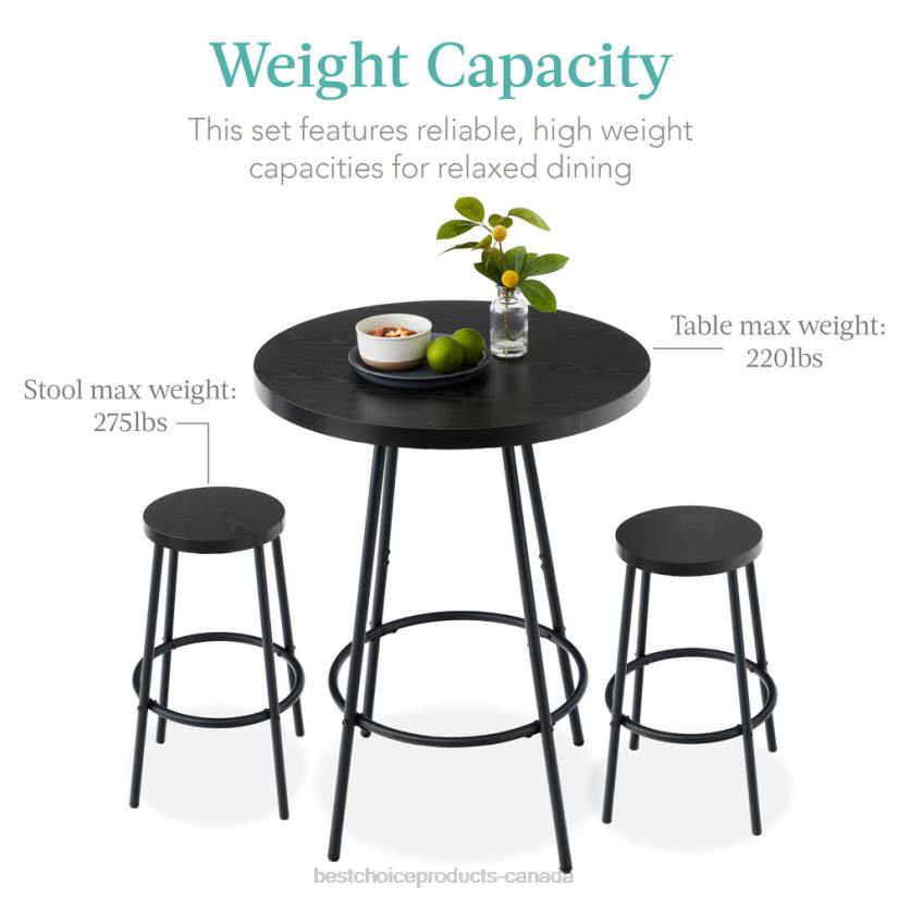 4LT2677 Black Best Choice Products 3-Piece Bistro Set Modern Round Counter Height Dining Set w/ 2 Stools