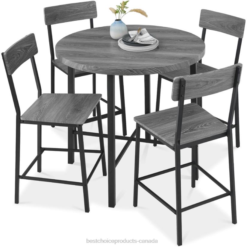 4LT2689 Gray Best Choice Products 5-Piece Modern Round Counter Height Dining Set w/ 4 Chairs