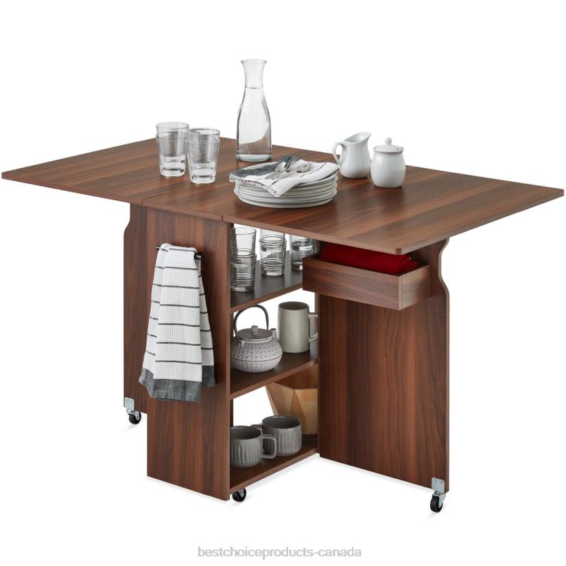 4LT2699 Brown Best Choice Products Multipurpose Folding Table w/ Wheels, 3 Storage Shelves, Cubby, Handle