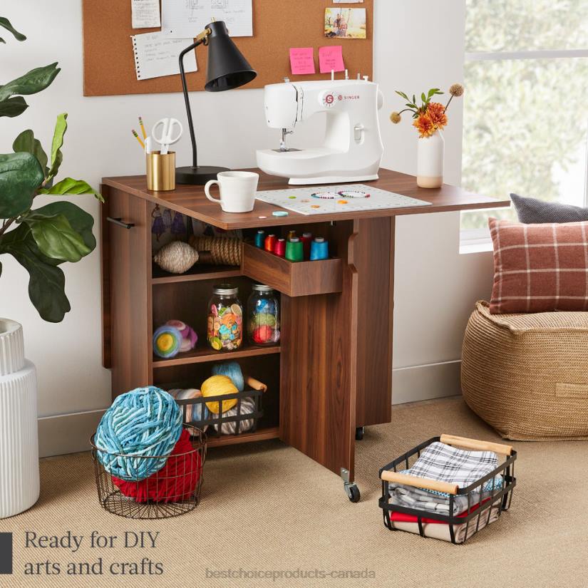 4LT2699 Brown Best Choice Products Multipurpose Folding Table w/ Wheels, 3 Storage Shelves, Cubby, Handle