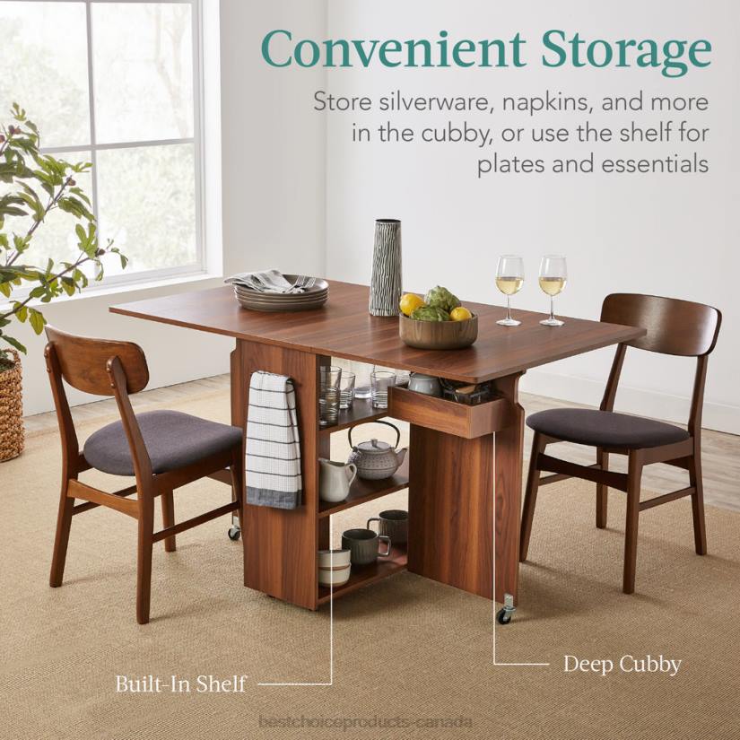 4LT2699 Brown Best Choice Products Multipurpose Folding Table w/ Wheels, 3 Storage Shelves, Cubby, Handle