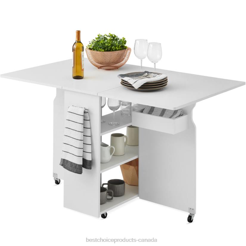 4LT2700 White Best Choice Products Multipurpose Folding Table w/ Wheels, 3 Storage Shelves, Cubby, Handle