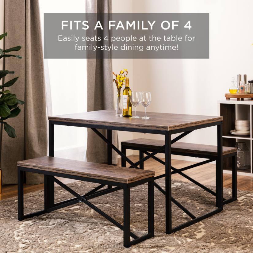 4LT2715 Brown/Black Best Choice Products 3-Piece Bench Style Dining Furniture Set w/ 2 Benches, Table