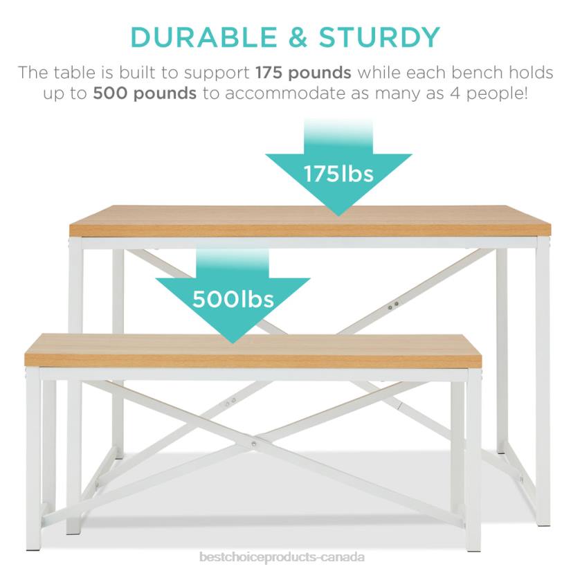 4LT2719 Oak/White Best Choice Products 3-Piece Bench Style Dining Furniture Set w/ 2 Benches, Table