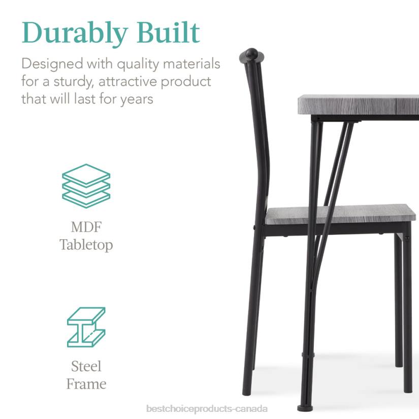 4LT2727 Gray Best Choice Products 3-Piece Metal Wood Square Dining Table Furniture Set w/ 2 Chairs