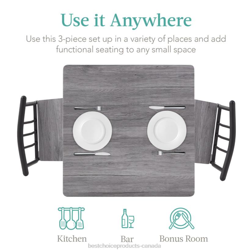 4LT2727 Gray Best Choice Products 3-Piece Metal Wood Square Dining Table Furniture Set w/ 2 Chairs