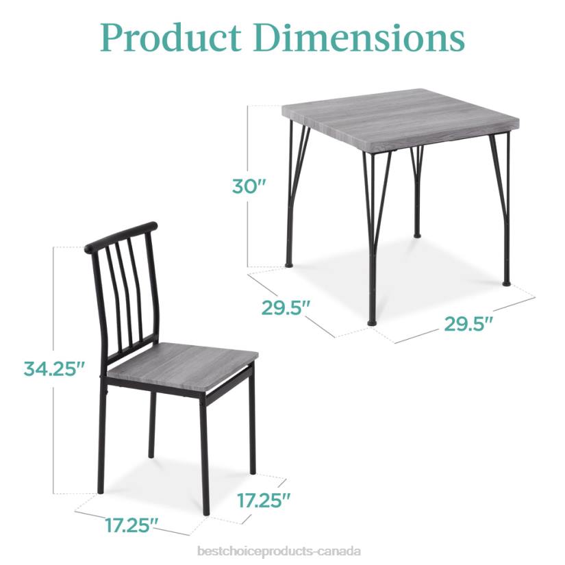 4LT2727 Gray Best Choice Products 3-Piece Metal Wood Square Dining Table Furniture Set w/ 2 Chairs