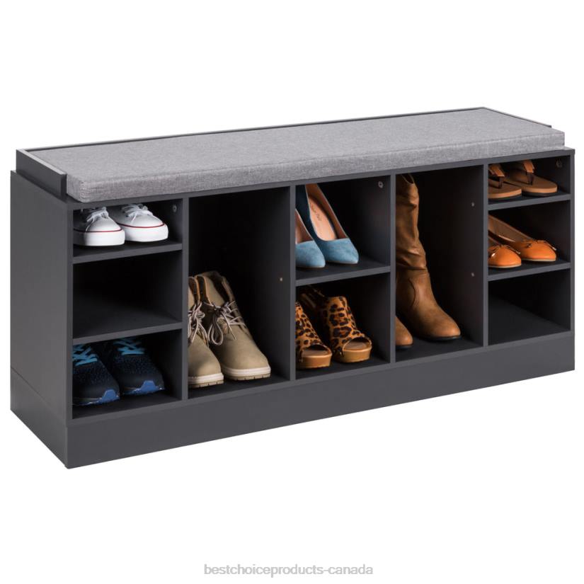 4LT21185 Gray Best Choice Products Shoe Storage Rack Bench w/ Padded Seat, 10 Cubbies
