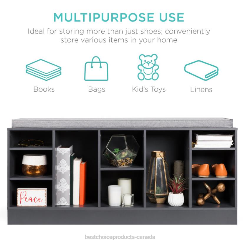 4LT21185 Gray Best Choice Products Shoe Storage Rack Bench w/ Padded Seat, 10 Cubbies