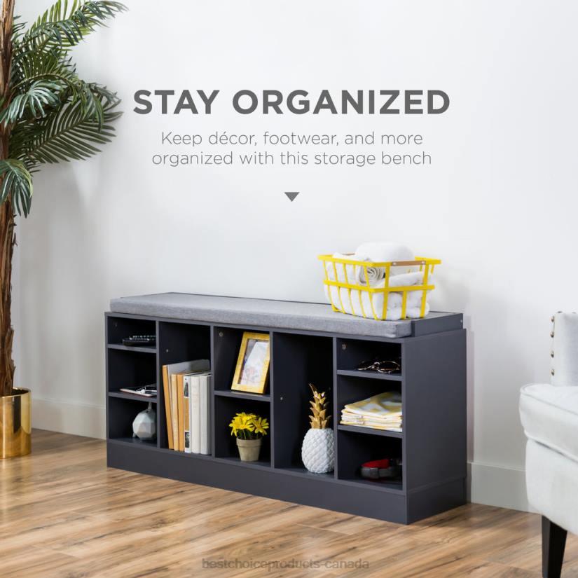 4LT21185 Gray Best Choice Products Shoe Storage Rack Bench w/ Padded Seat, 10 Cubbies