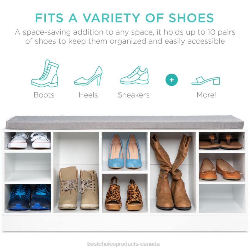 4LT21186 White Best Choice Products Shoe Storage Rack Bench w/ Padded Seat, 10 Cubbies