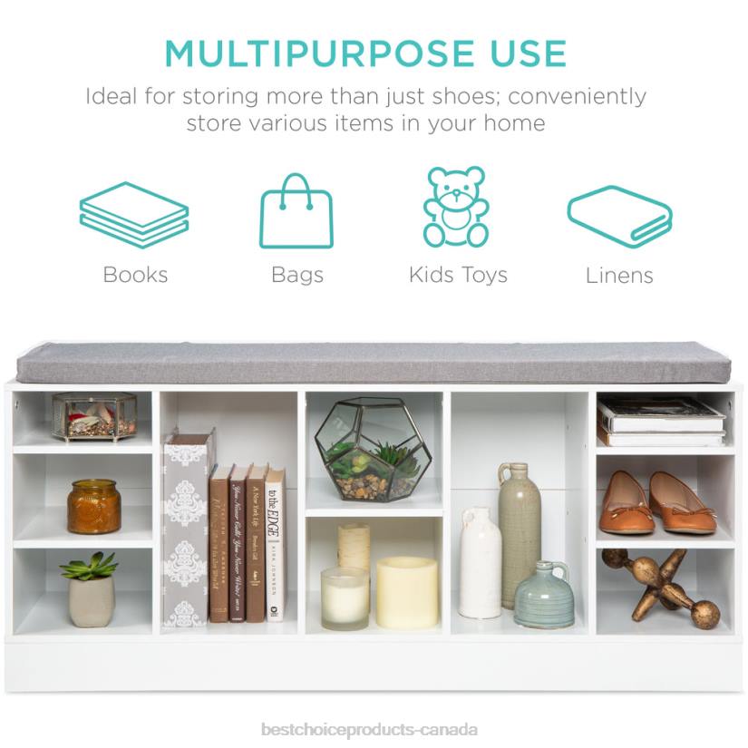 4LT21186 White Best Choice Products Shoe Storage Rack Bench w/ Padded Seat, 10 Cubbies