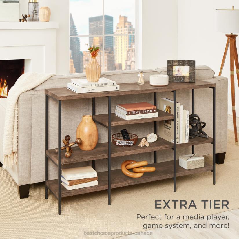 4LT2725 Dark Walnut Best Choice Products 4-Tier Industrial Console Table w/ Tall Shelf Space