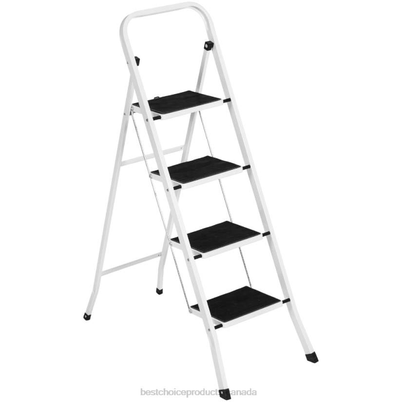 4LT21182 White Best Choice Products Folding Steel 4-Step Ladder w/ Hand Rail, Wide Steps, 330lbs Capacity