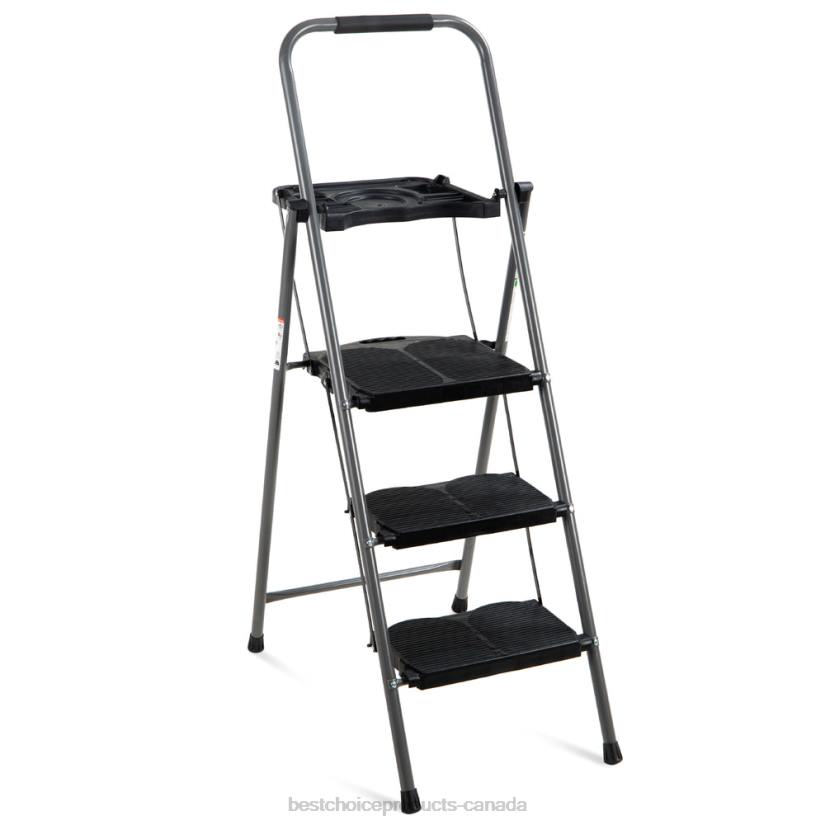 4LT21205 Black Best Choice Products 3-Step Folding Steel Ladder w/ Utility Tray, Hand Grip, 330lb Capacity