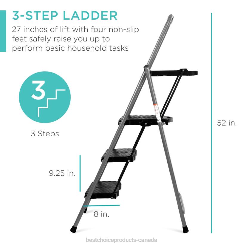 4LT21205 Black Best Choice Products 3-Step Folding Steel Ladder w/ Utility Tray, Hand Grip, 330lb Capacity