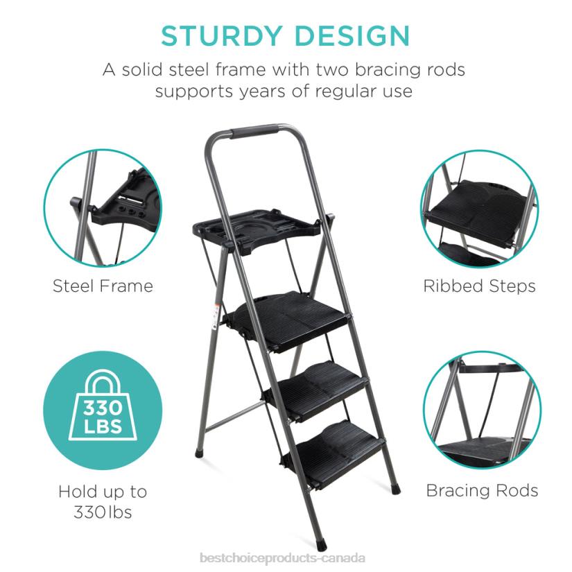 4LT21205 Black Best Choice Products 3-Step Folding Steel Ladder w/ Utility Tray, Hand Grip, 330lb Capacity