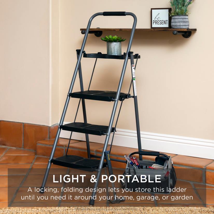 4LT21205 Black Best Choice Products 3-Step Folding Steel Ladder w/ Utility Tray, Hand Grip, 330lb Capacity