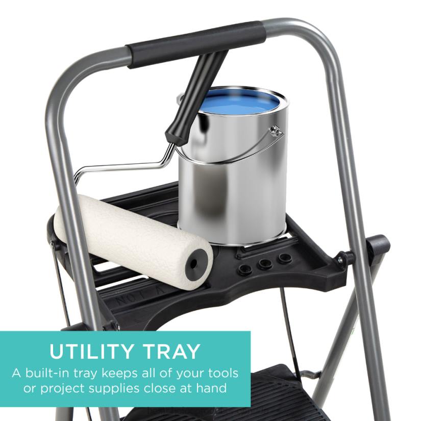 4LT21205 Black Best Choice Products 3-Step Folding Steel Ladder w/ Utility Tray, Hand Grip, 330lb Capacity