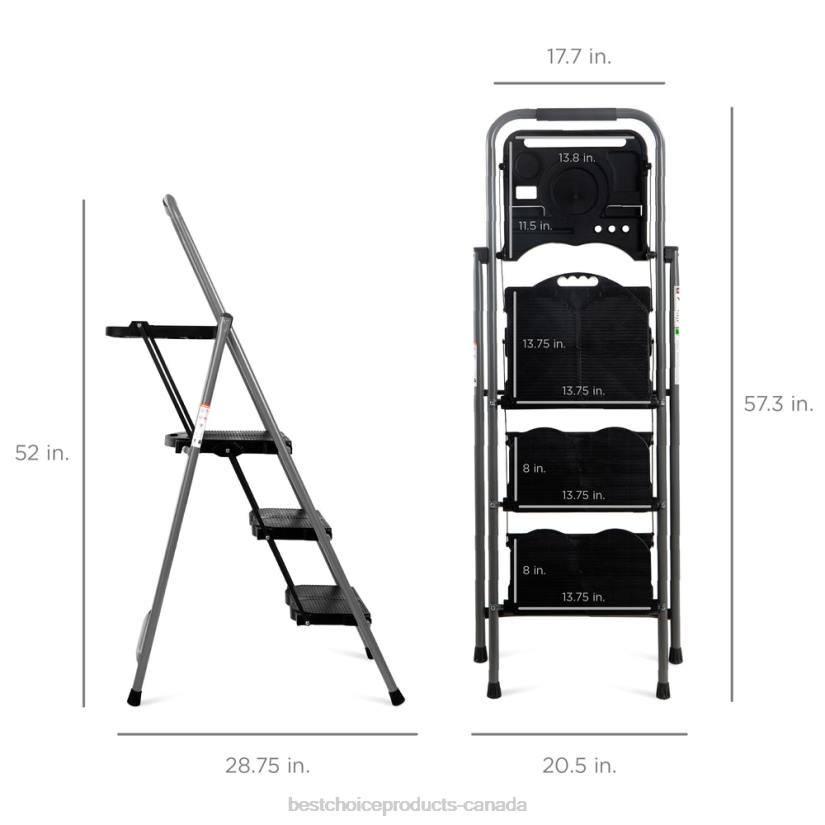 4LT21205 Black Best Choice Products 3-Step Folding Steel Ladder w/ Utility Tray, Hand Grip, 330lb Capacity