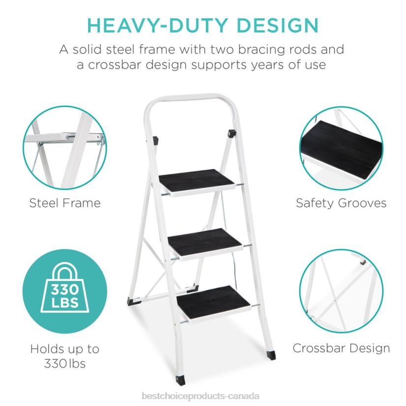 4LT21240 White Best Choice Products 3-Step Portable Folding Step Ladder w/ Non-Slip Feet, 330lb Capacity
