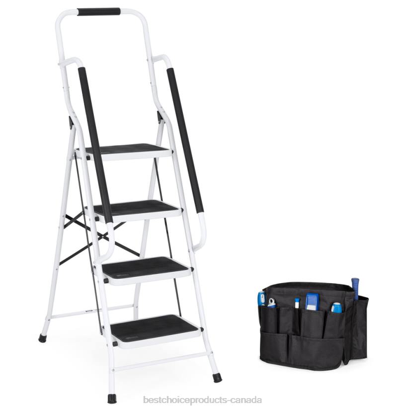 4LT2357 White Best Choice Products 4-Step Portable Folding Ladder w/ Handrails, Attachable Tool Bag