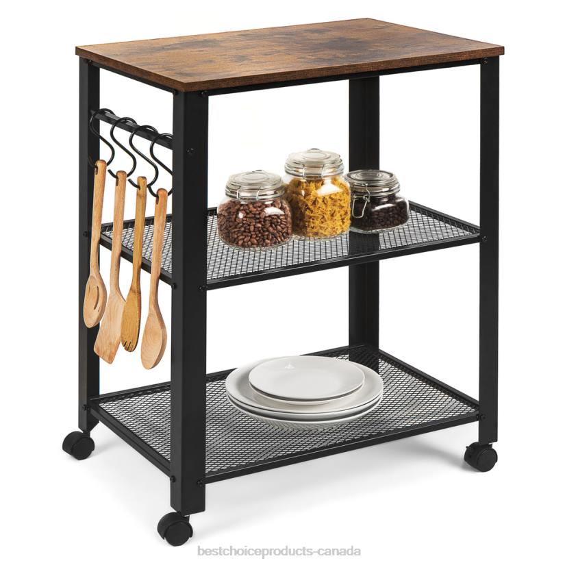 4LT21163 Brown Best Choice Products 3-Tier Microwave Cart Rolling Utility Serving Cart w/ 2 Shelves, 4 Hooks