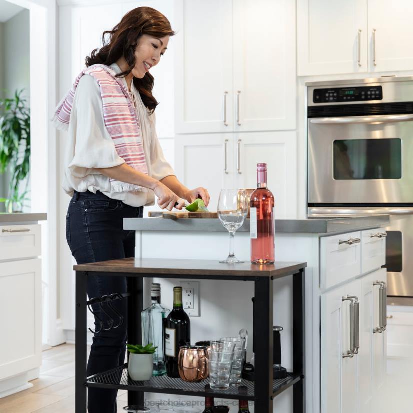 4LT21163 Brown Best Choice Products 3-Tier Microwave Cart Rolling Utility Serving Cart w/ 2 Shelves, 4 Hooks