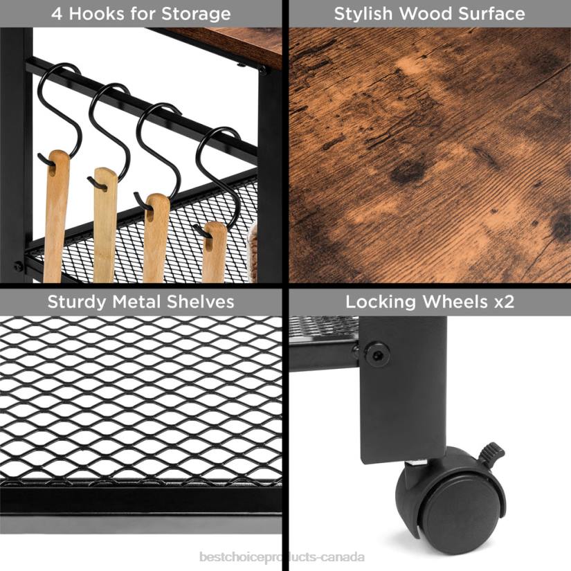 4LT21163 Brown Best Choice Products 3-Tier Microwave Cart Rolling Utility Serving Cart w/ 2 Shelves, 4 Hooks