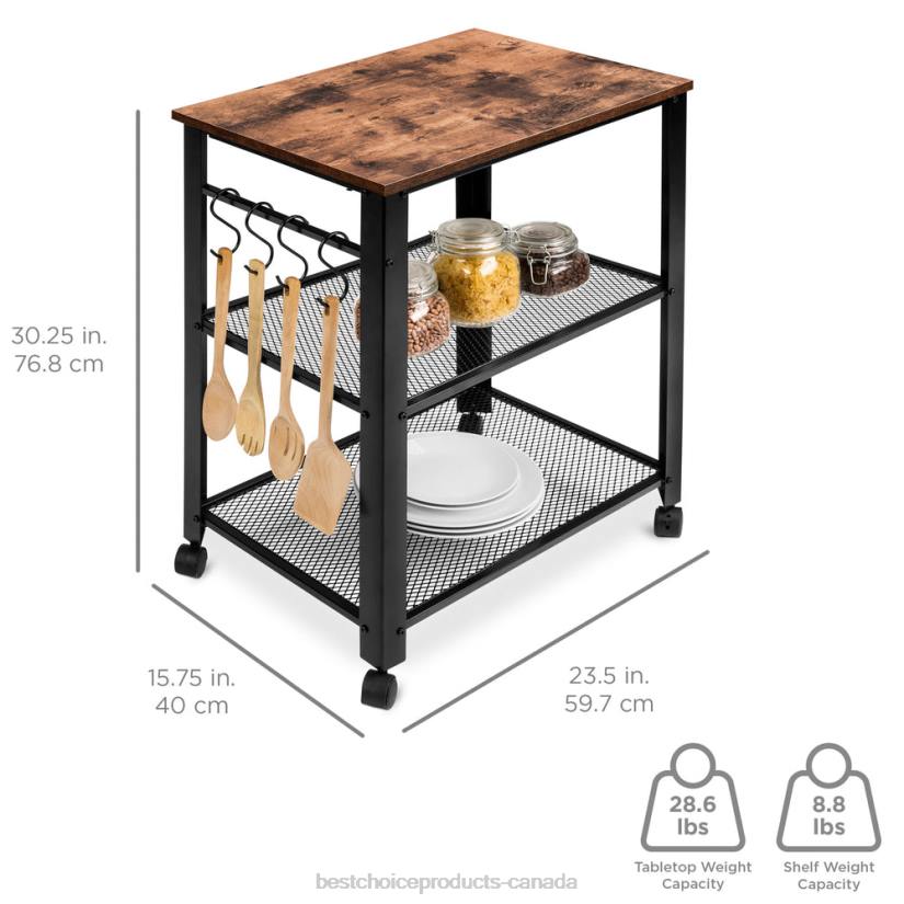 4LT21163 Brown Best Choice Products 3-Tier Microwave Cart Rolling Utility Serving Cart w/ 2 Shelves, 4 Hooks