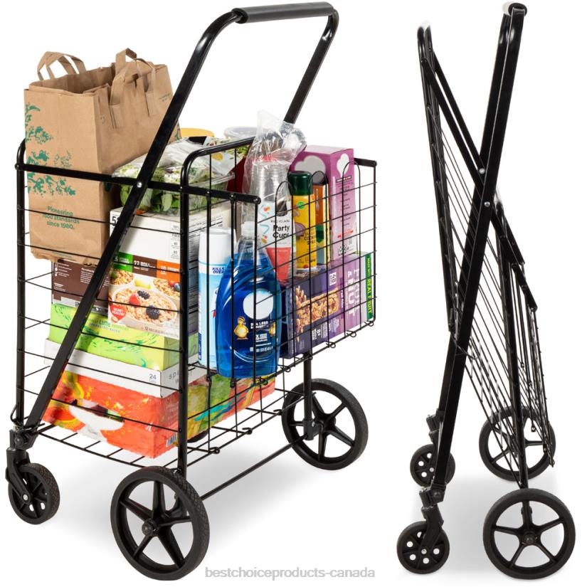 4LT21177 Black Best Choice Products Folding Steel Grocery Cart w/ Double Basket, Swivel Wheels, 220lb Cap