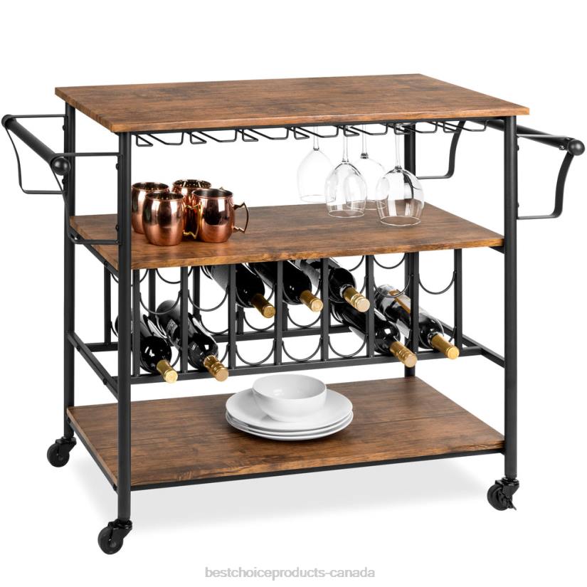 4LT21178 Brown Best Choice Products 45in Industrial Wood Shelf Bar & Wine Cart w/ Bottle & Glass Racks