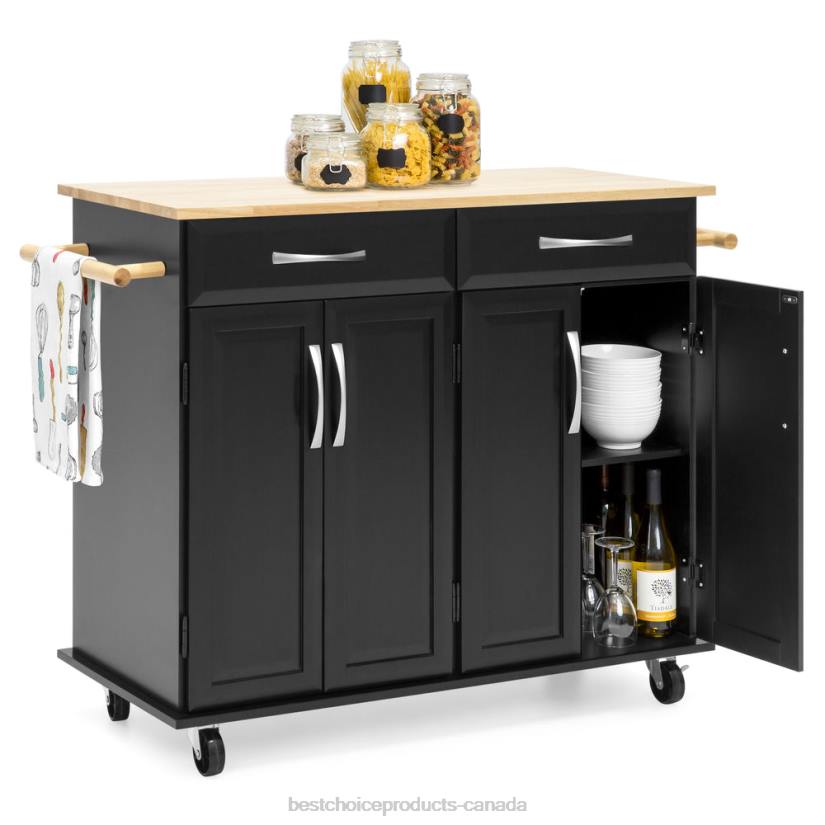 4LT21269 Black Best Choice Products Utility Kitchen Cart w/ Storage Cabinets, Handles, Cutting Board