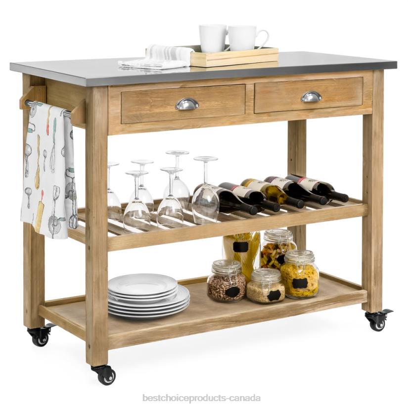 4LT21281 Brown Best Choice Products Kitchen Island Storage & Bar Cart w/ Stainless Steel Top