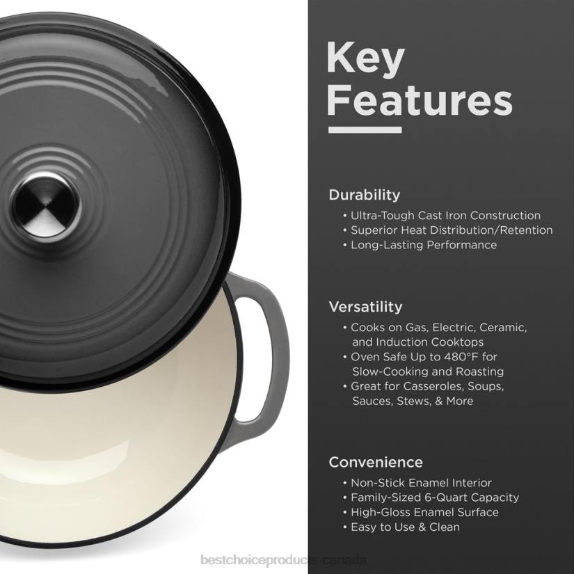 4LT2326 Gray Best Choice Products Cast-Iron Dutch Oven Kitchen Cookware w/ Enamel, Handles