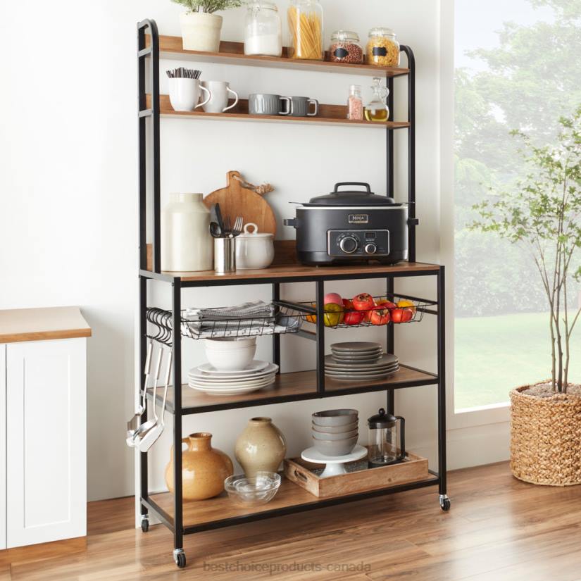 4LT2702 Brown/Black Best Choice Products Counter-Height Baker's Rack w/ Locking Wheels, Adjustable Feet